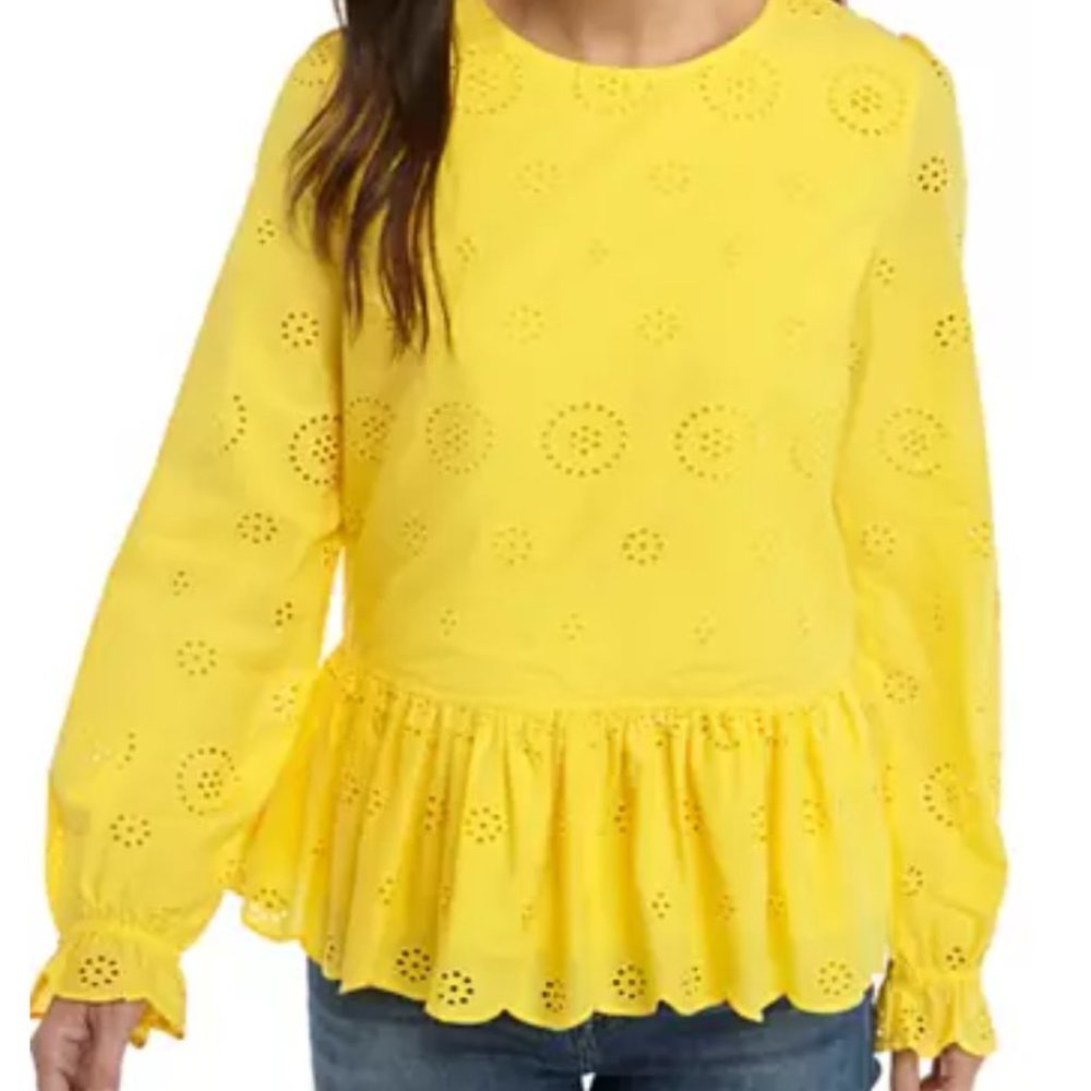 Crown & Ivy Petite Long Sleeve Peplum Eyelet Top